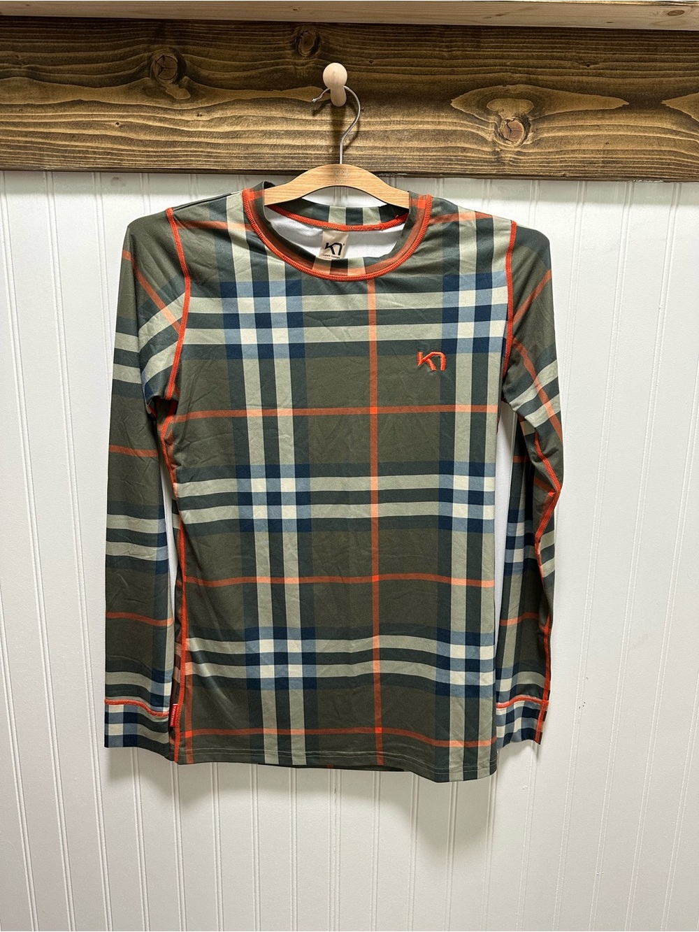 Kari Traa Olive Plaid Performance Top with Orange Trim